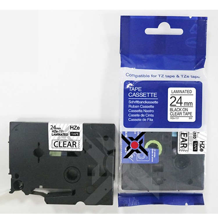 Nhãn in tiêu chuẩn Hze-151 khổ 24mm*8m, chữ đen nền trong suốt, tương thích dùng cho máy in nhãn P-Touch Brother