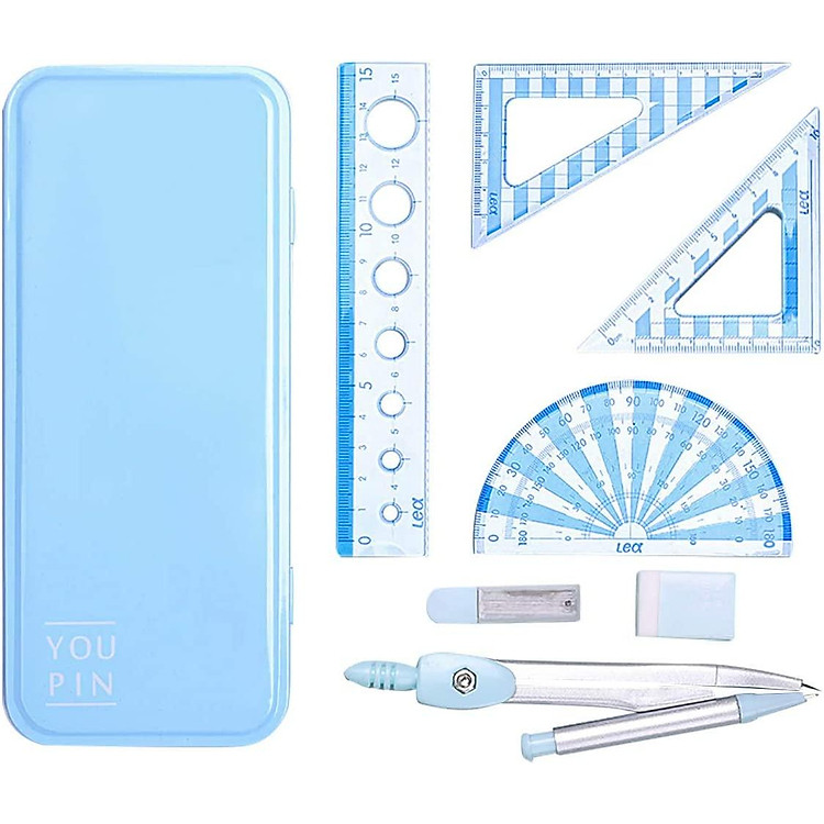 La bàn trường học, Bộ hình học la bàn 7 miếng, bao gồm la bàn, thước kẻ, thước đo góc, v.v. cho Sinh viên Bản vẽ Kỹ thuật, Màu xanh lam