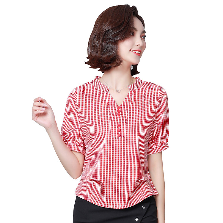 Áo sơ mi nữ sọc phối nút cách điệu