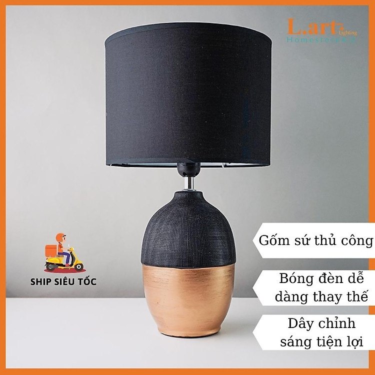 Đèn bàn trang trí đèn ngủ đầu giường gốm sứ phối đen vàng sang trọng với chao trụ đen DY19590