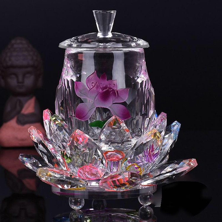 Ly Nước Thờ Pha Lê Hoa Sen Tím Cỡ Trung, Đế Sen Pha Lê - BH121
