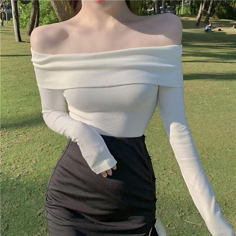 Áo trễ vai tay dài thun gân tôn dáng hot thu đông