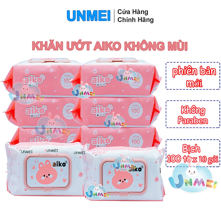 Combo 10 Gói Khăn Ướt Aiko Kháng Khuẩn Xanh/Khăn Ướt Không Mùi Hồng 100 tờ/gói