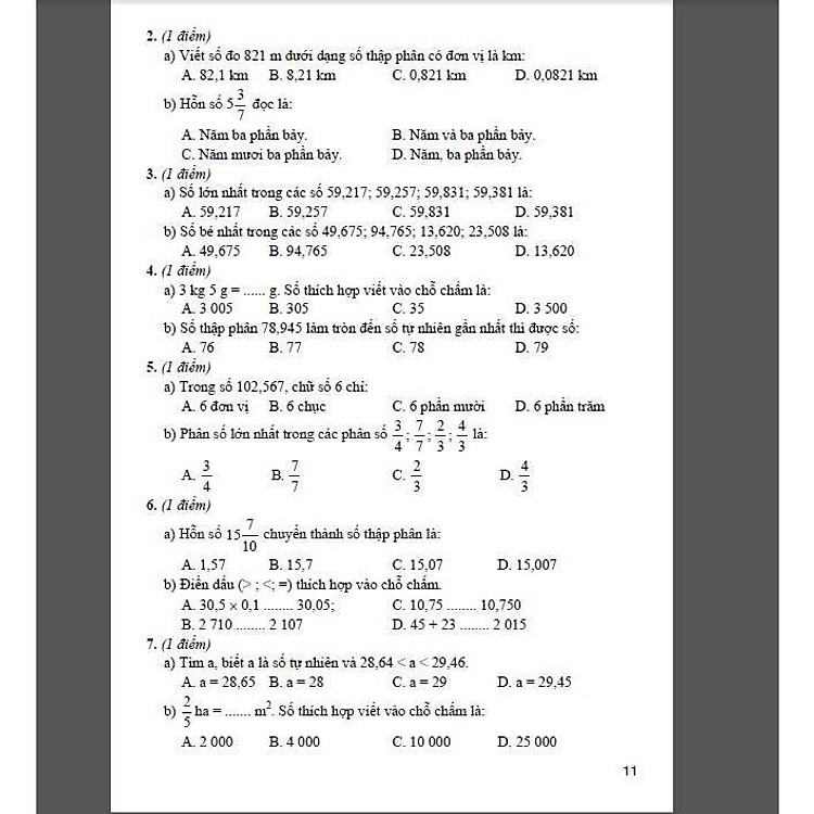 Bộ Đề Kiểm Tra Môn Toán Lớp 5 - Tập 1 - Ảnh 7