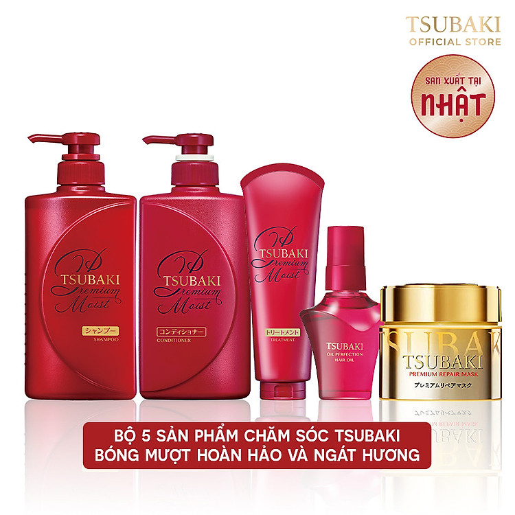 Bộ 5 sản phẩm chăm sóc Tsubaki giúp dưỡng tóc bóng mượt hoàn hảo và ngát hương không cần chờ (Gội xả 490ml/chai + kem xả 180g + mặt nạ tóc 180g + dầu dưỡng 50ml)