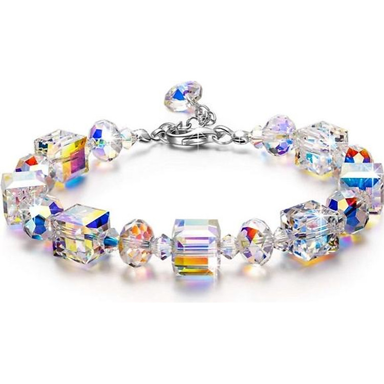 Vòng tay pha lê Swarovski cube 5601 hạt vuông 8ly cao cấp, sang trọng, khóa xích bạc 925