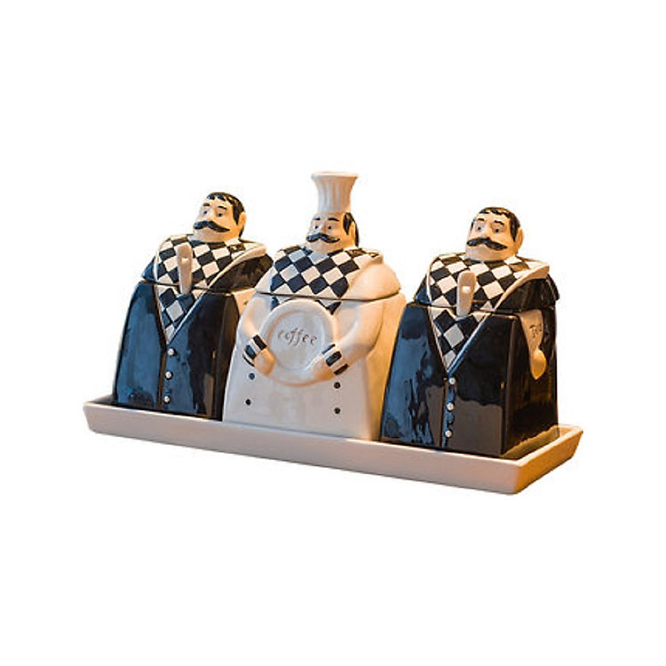 Combo 3 hũ đựng gia vị ông đầu bếp bằng sứ cao cấp kèm khay đựng