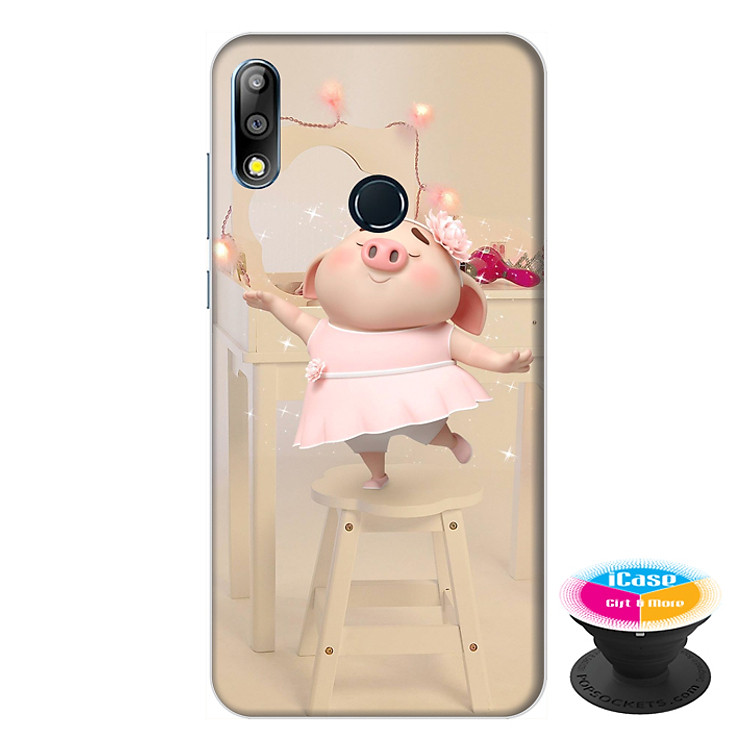 Ốp lưng điện thoại Asus Zenfone Max Pro M2 hình Heo Con Mặc Váy tặng kèm giá đỡ điện thoại iCase xinh xắn - Hàng chính hãng