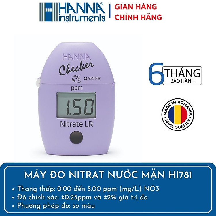 MÁY ĐO NITRAT THANG THẤP từ 0.00 đến 5.00 mg/L (ppm) NO3 Cho Bể Cá Nước Mặn, Thủy Sinh Nước Biển, HANNA HI781, Tặng Kèm Phụ Kiện Cho 25 Lần Đo - Checker Marine