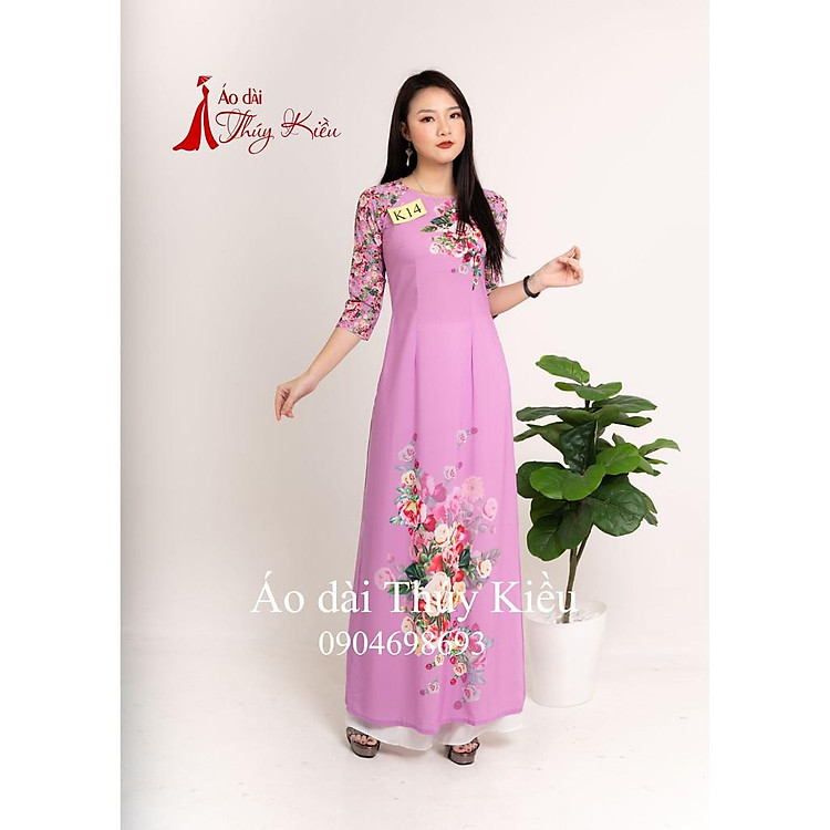 Áo dài Thúy Kiều in 3D lụa Nhật màu tím nhạt hoa hồng K14