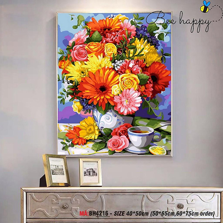 Tranh tô màu theo số Sondausohoavn tĩnh vật bình hoa và tách trà BH4216