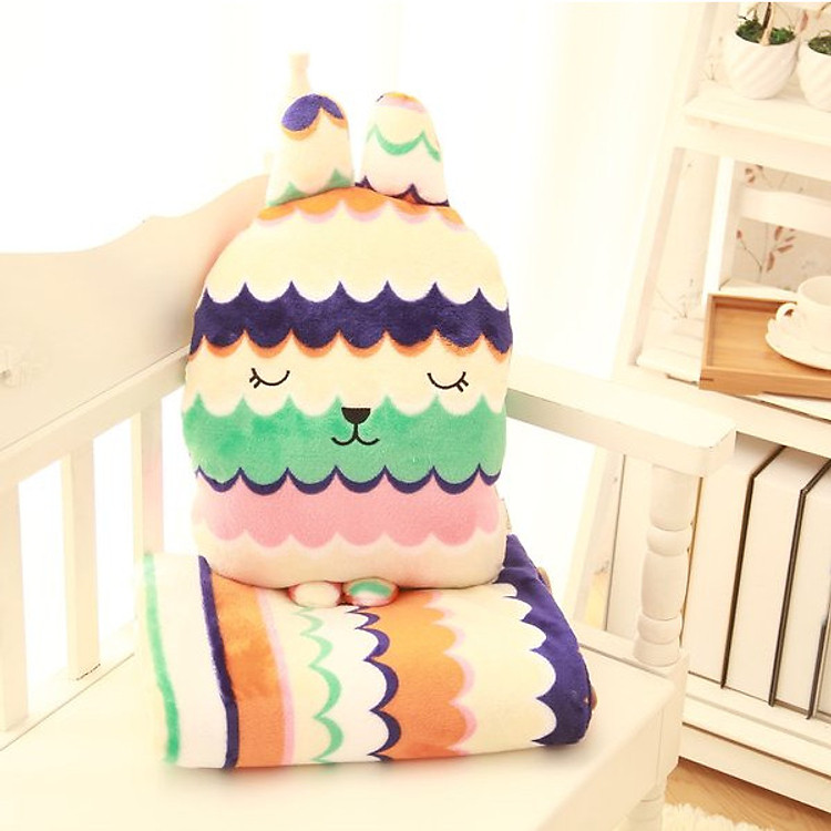 Bộ gấu gối mền THỎ CẦU VỒNG 3 trong 1, gấu bông kèm chăn gối ngủ trưa văn phòng, du lịch, cho bé