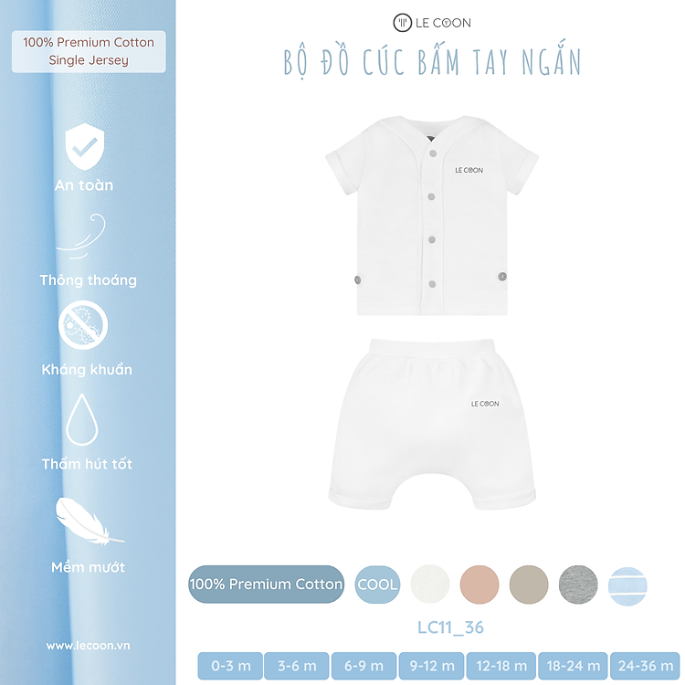 LE COON | Bộ Đồ Cúc Bấm Tay Ngắn | Vải COOL mỏng mát | 0 tháng - 3 tuổi