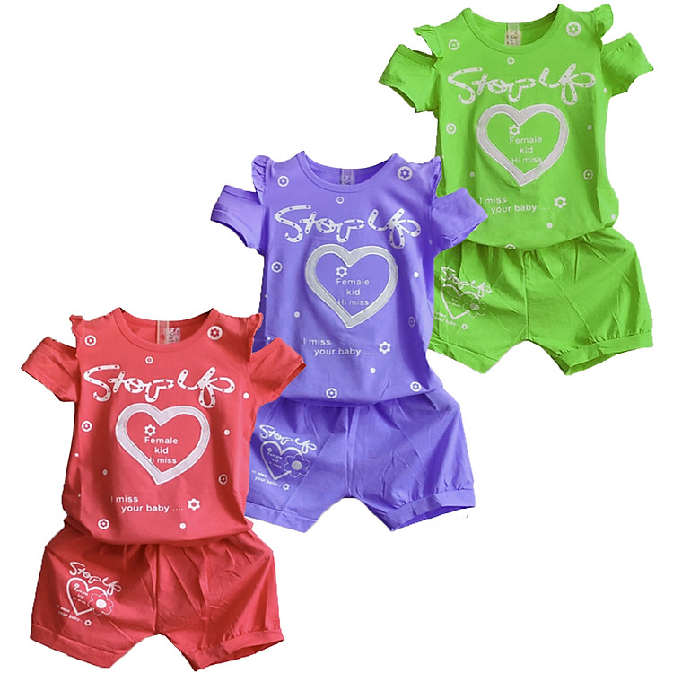 Combo 3 Bộ quần áo bé gái từ 8kg đến 35kg,vải cotton 100% mềm mại 4 chiều, thấm hút mồ hôi tốt, áo trễ vai,hình trái tim dễ thương ( Giao màu ngẫu nhiên )