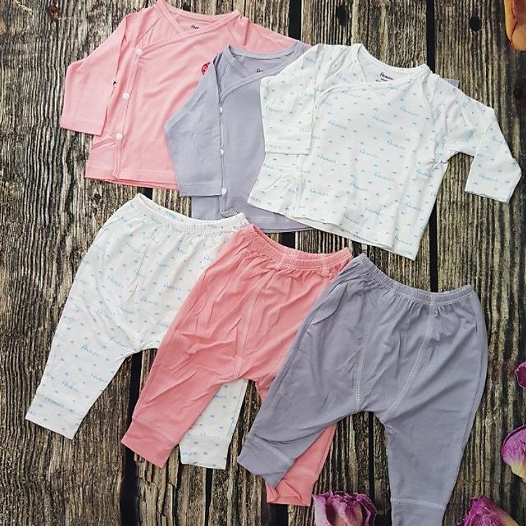 Bộ Đồ Sơ Sinh Gồm Áo Quần Tay Dài Cài Lệch Sợi Tre Avaler Đẹp Mềm Mát Cho Bé