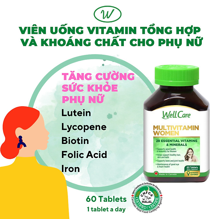 Viên uống bổ sung sức khỏe phụ nữ WellCare Women cung cấp các chất dinh dưỡng cần thiết cho tóc, da, móng và bổ sung sắt, giúp tăng cường sức khỏe tổng thể và hệ miễn dịch (60 viên/hũ)