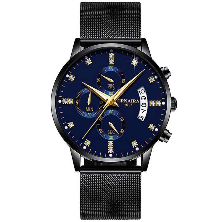 Đồng Hồ Nam Chạy 6 Kim Crnaira PE90 Mặt Đính Đá Dây Thép Mành - Full Box