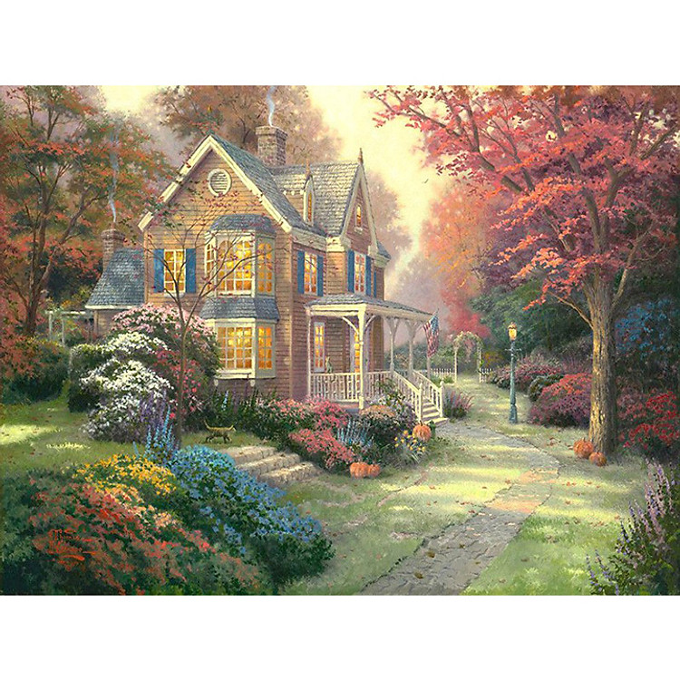 Tranh sơn dầu số hoá tự tô có khung đã căn 40x50 cm - biệt thự trong rừng