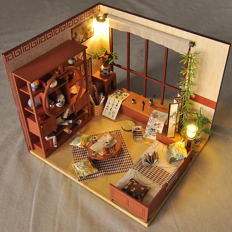 Nhà Búp Bê Lắp ghép Thư Phòng Tặng kèm keo dán,dụng cụ lắp ghép, mica