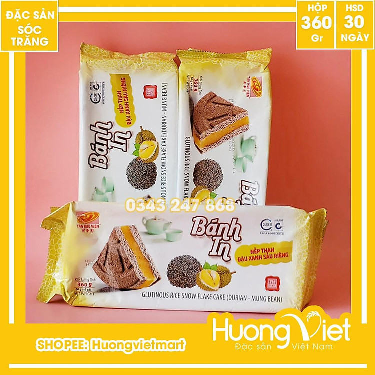 Đặc Sản Sóc Trăng - Bánh In Nếp Than Đậu Xanh Sầu Riêng 360G, Bánh In Sóc Trăng Tân Huê Viên