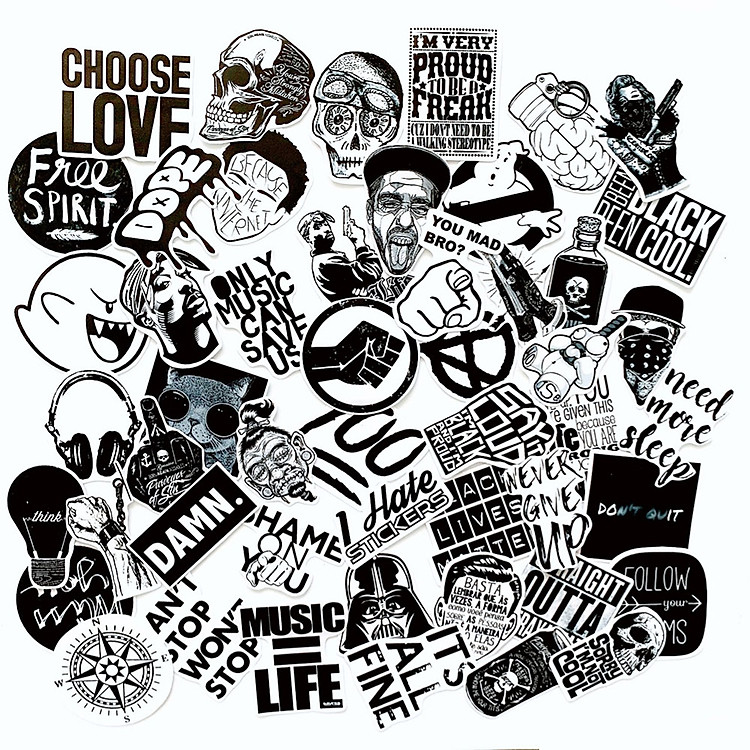 Bộ 50 Sticker Black White Đen Trắng (2020) Hình Dán Chống Nước Decal Chất Lượng Cao Trang Trí Va Li Du Lịch, Xe Đạp, Xe Máy, Laptop, Nón Bảo Hiểm, Máy Tính Học Sinh, Tủ Quần Áo, Nắp Lưng Điện Thoại