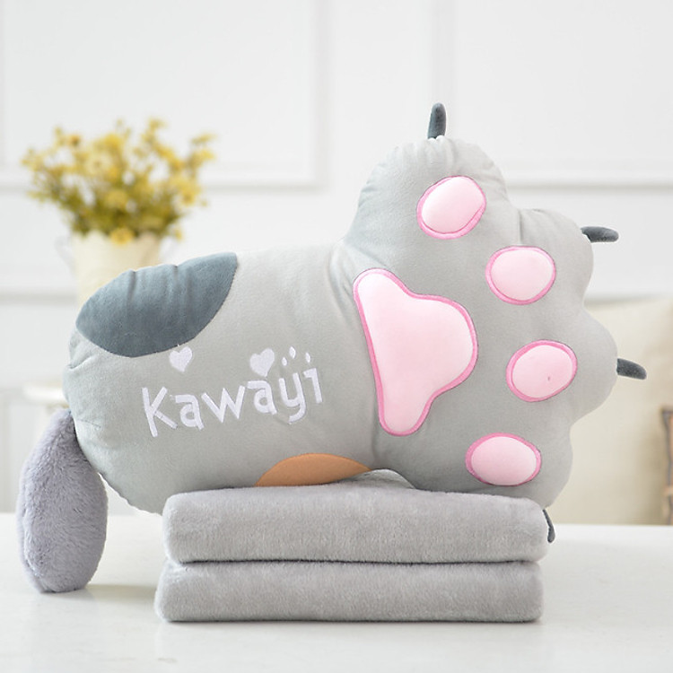 Bộ chăn gối ngủ trưa văn phòng 3 trong 1 Gấu Bông làm Gối và mền hình dấu chân gấu