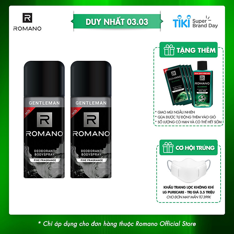 Combo 2 Xịt toàn thân Romano ngăn mồ hôi và mùi cơ thể 150ml x 2 Gentleman