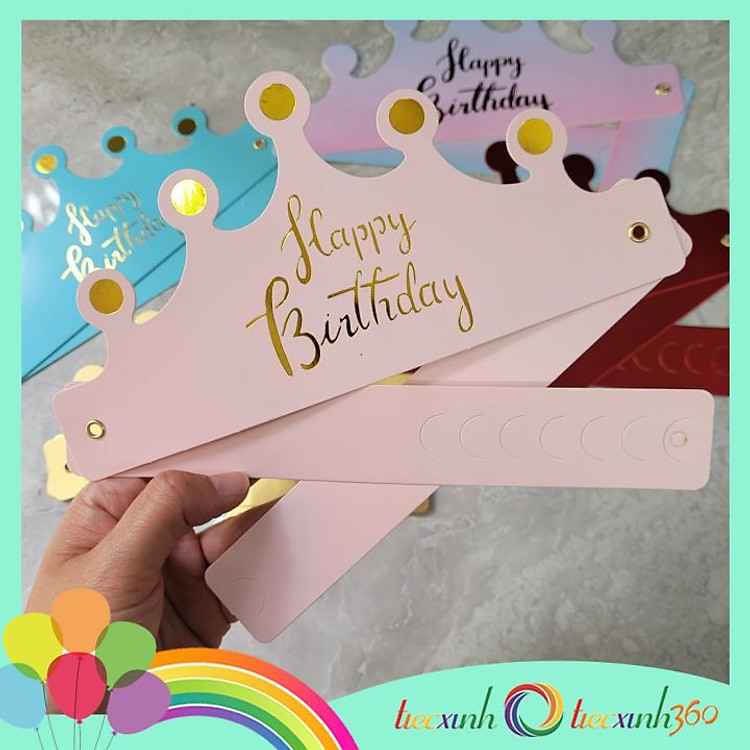 Vương miện sinh nhật chữ Happy Birthday ép kim gấp gọn – Hồng