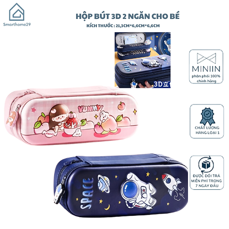 Hộp Bút Hai Ngăn Mặt Cứng 3D (màu hồng)