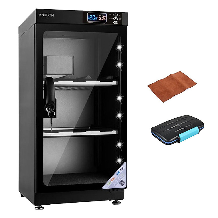 Combo Tủ Chống Ẩm Andbon AD-50S (50 Lít) + Hộp Đựng Thẻ Chống Nước + Tặng Khăn Lau Len (Da Thật) - Hàng Nhập Khẩu