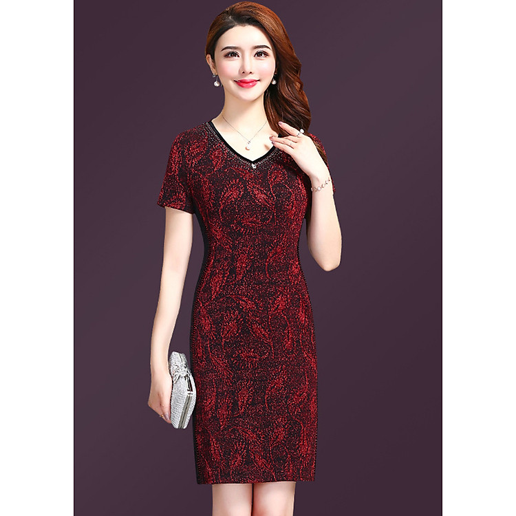 Đầm Trung Niên Đẹp Kiểu Đầm Ôm Dự Tiệc Kim Tuyến Đính Cườm Sang Trọng GOTI1593