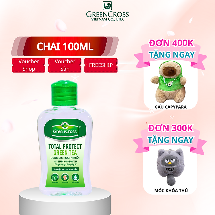 Combo 4-24 Chai Nước rửa tay Green Cross TOTAL PROTECT kháng khuẩn, diệt vi khuẩn100ml