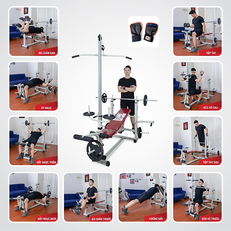 Giàn tạ đa năng 2014 kèm 54kg tạ gang , đòn tạ 1m5, 1 găng tay tập tạ