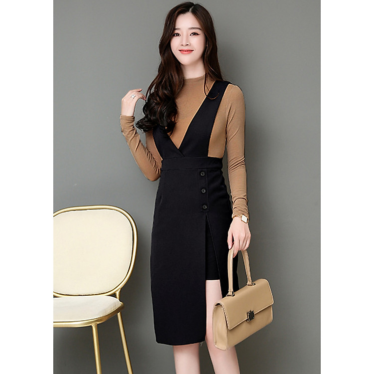 Set áo thun váy yếm xẻ tà phối màu S386