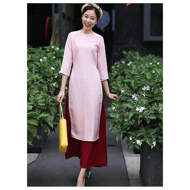 Áo dài cách tân nấm hoa set kèm quần lụa ( hồng )