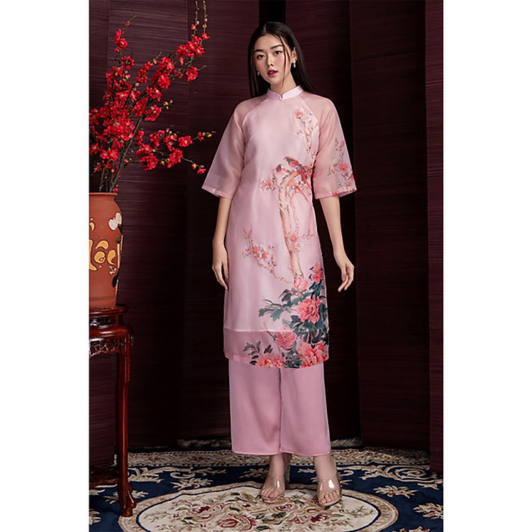 Áo Dài Cách Tân In Họa Tiết Hoa Và Chim 2 Lớp Fashion -ZLR01Z
