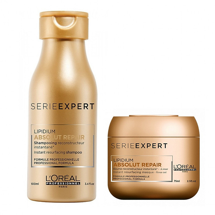 Combo du lịch Dầu gội xả phục hồi tóc L'oreal Serie Expert Lipidium Absolut Repair Instant resurfacing travel kit 100ml