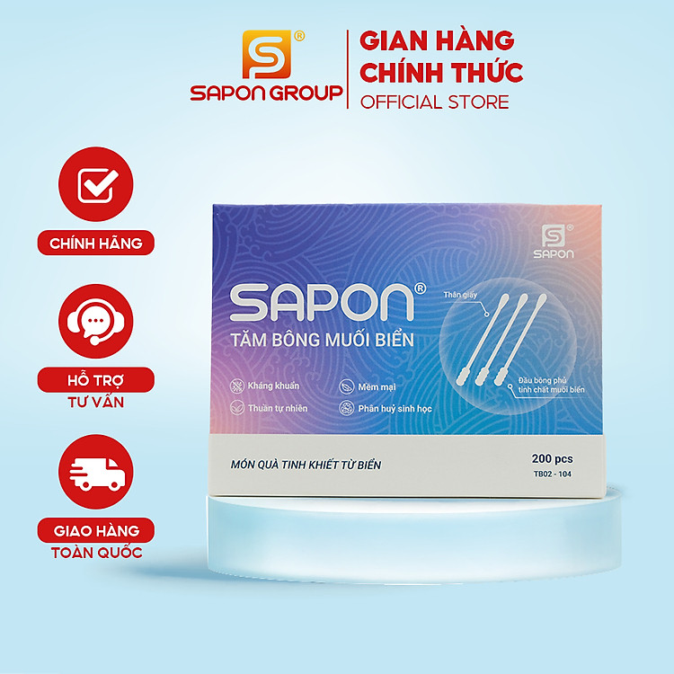Tăm bông muối biển SAPON Thân Giấy – 200 Que/Hộp (TB02-104), Mềm Mịn, Kháng Khuẩn Tự Nhiên