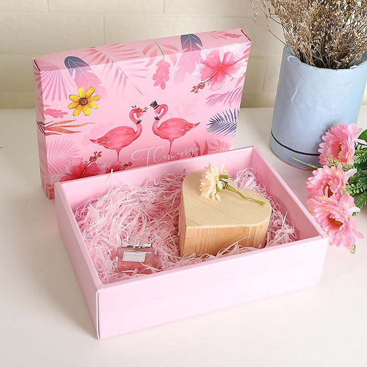 Hộp quà & túi giấy nhỏ màu hồng họa tiết hồng hạc sang trọng Q1228