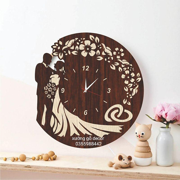 Đồng Hồ Treo Tường Bằng Gỗ Khắc Hình Cô Dâu Chú Rể Quà Tặng Đám Cưới, Tân Gia, Sự Kiện.