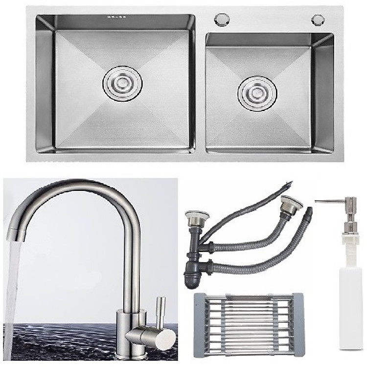 Combo chậu rửa bát inox sus304 8245, vòi rửa bát inox nóng lạnh cổ ngỗng, rá inox, bình xà phòng, xả chậu