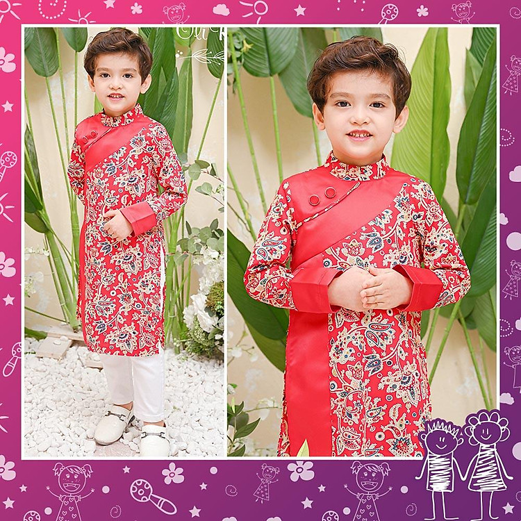 Áo dài bé trai hoa văn màu đỏ kiểu dáng cách tân kết hợp truyền thống MamLa