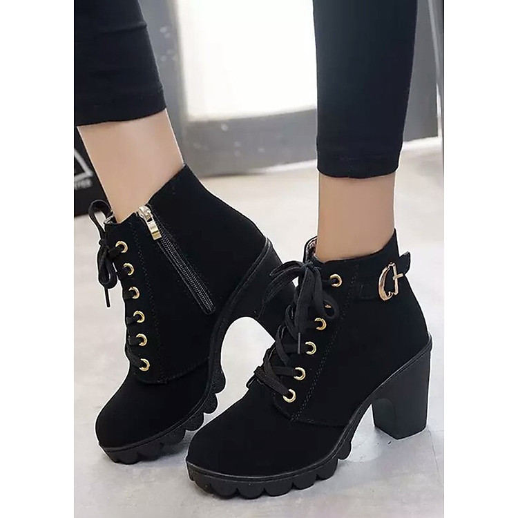 Giày Boot Nữ Da Lộn Khóa Kéo, Khuy Cài Cổ Hapu