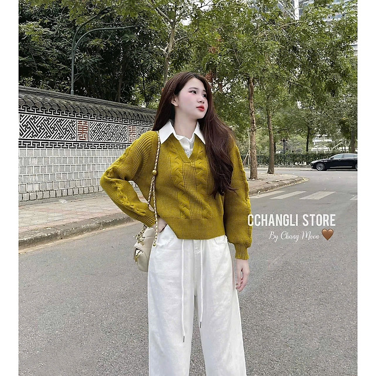 Áo Len Nữ Dệt Kim Phối Sơ Mi Cổ V Lệch Tầng Form Rộng Ulzzang Hàn Quốc