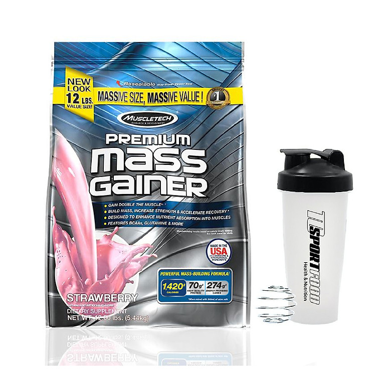 Combo Sữa tăng cân tăng cơ Premium mass Gainer của Muscle Tech hương Strawberry bịch lớn 5.45kg & Bình lắc 600 ml (Mẫu ngẫu nhiên)