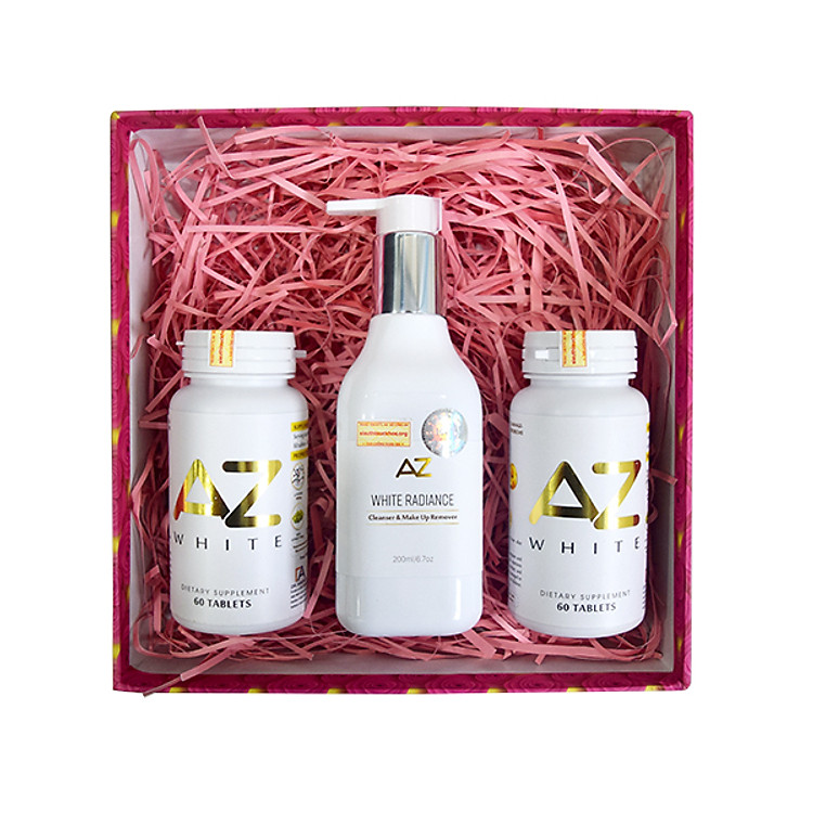 Liệu trình 2 hộp thực phẩm chức năng AZ White viên uống trắng da (tặng 1 chai Sữa rửa mặt và tẩy trang AZ 200ml)