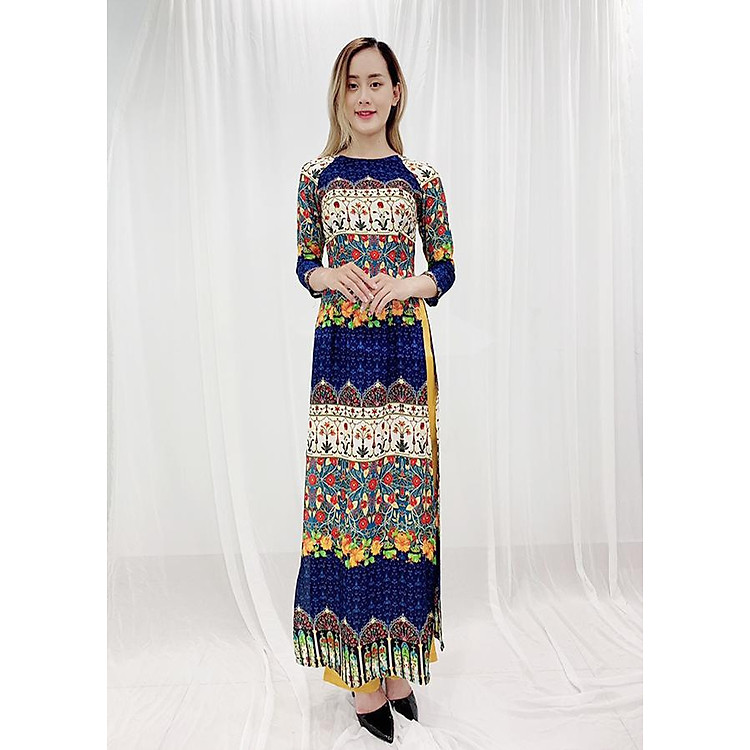 Áo Dài Truyền Thống Kiểu Set Áo Dài In Hoa Nhí Nền Xanh Trắng Kèm Quần Vàng ROMI 3169