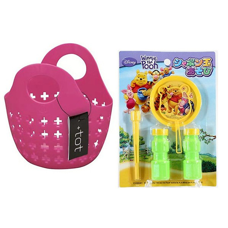 Combo Bộ thổi bong bóng xà phòng + Giỏ nhựa đồ chơi màu hồng nội địa Nhật Bản