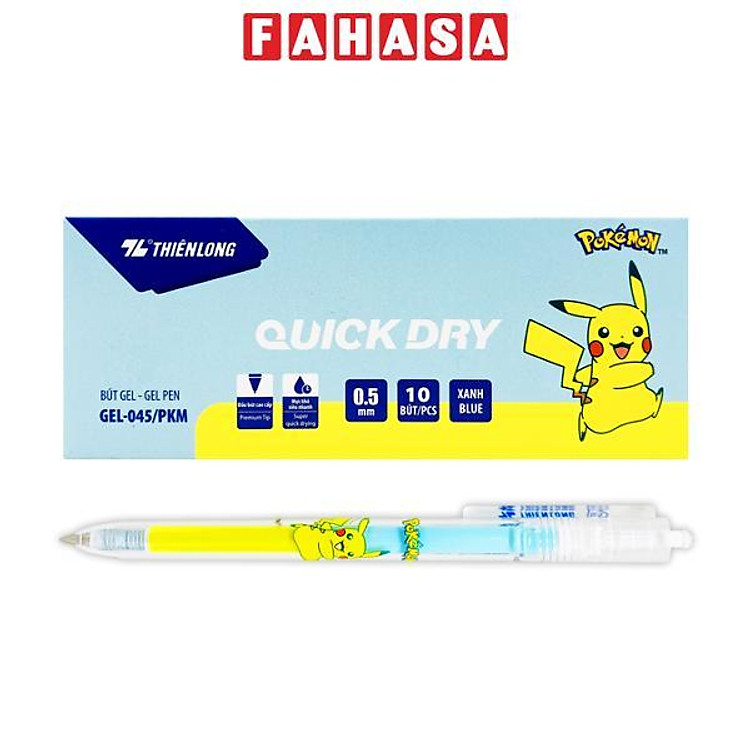 Hộp 10 Bút Gel Quick Dry Pokemon 0.5 mm - Thiên Long GEL-045/PKM - Mực Xanh - Pikachu