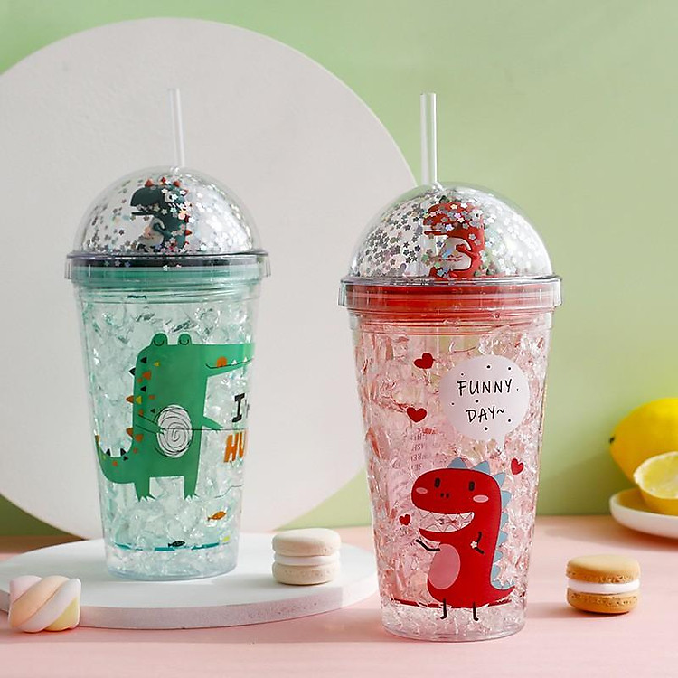 Cốc Uống Nước Cute Có Nắp Và Ống Hút 500ml, Ly Uống Nước Họa Tiết Kim Tuyến Khủng Long Dễ Thương (Giao Màu Ngẫu Nhiên)